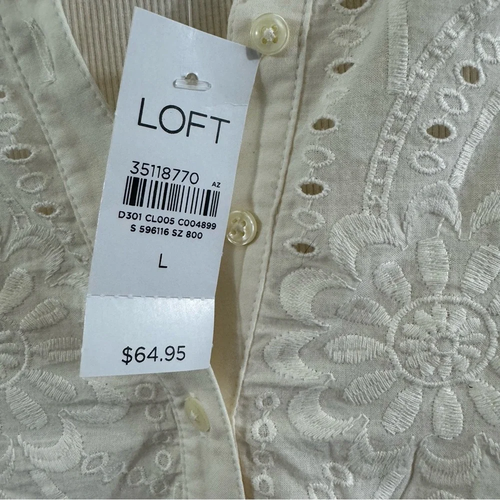 Loft Eyelet Yoke Mixed Media Top in Ecru Ivory Cream Size L Large #596116